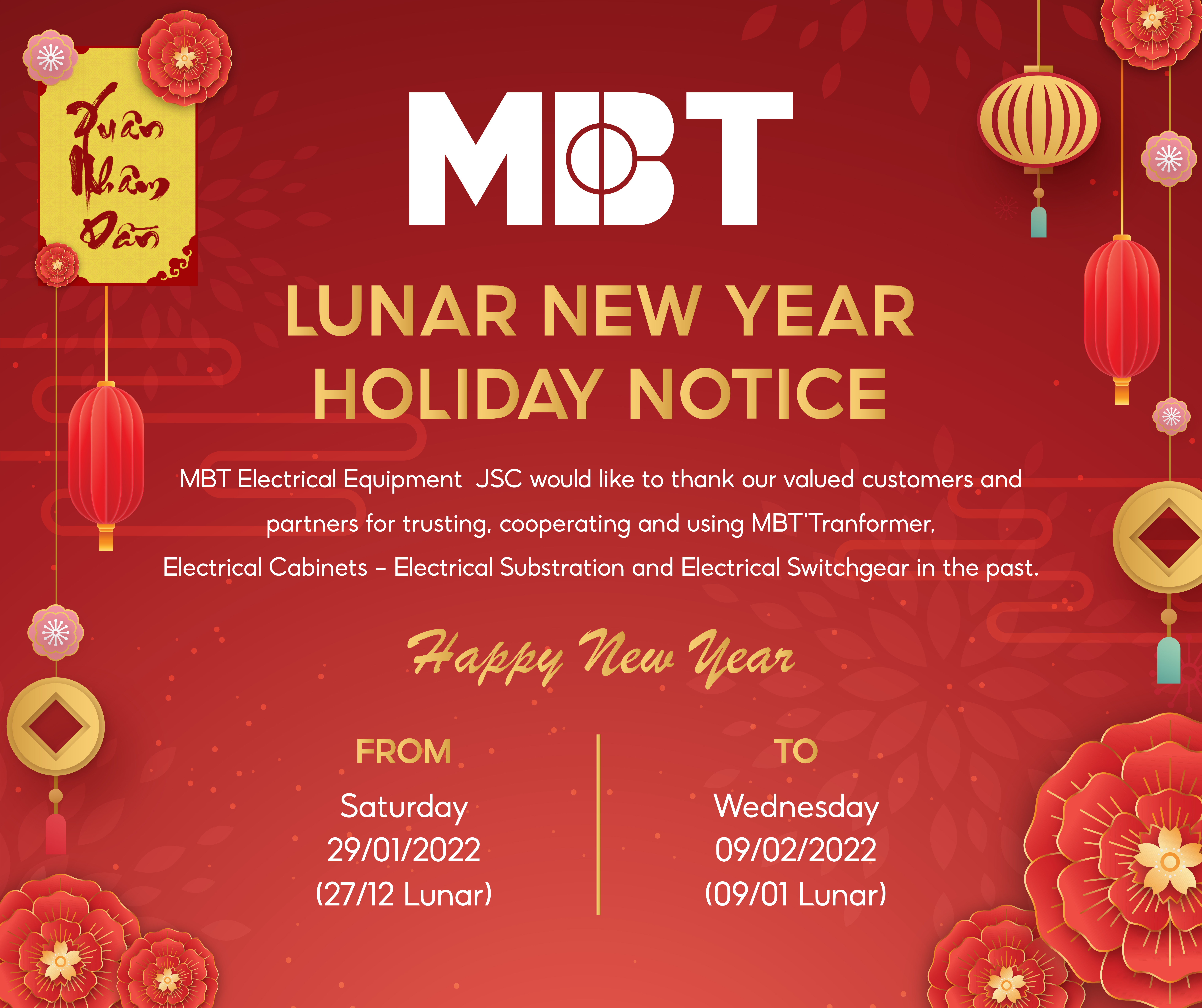 LUNAR NEW YEAR HOLIDAY NOTICE 2022